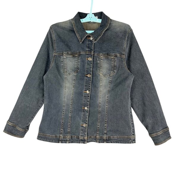 H&M Women's Stretch Dark Wash Blue Denim Jacket Size Medium Button-Up - Picture 1 of 12